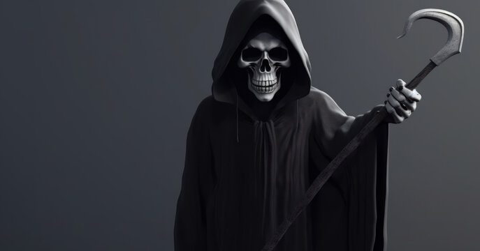 Grim Reaper points at you. Photo of personification of death wielding a large scythe in silhouette. AI generative