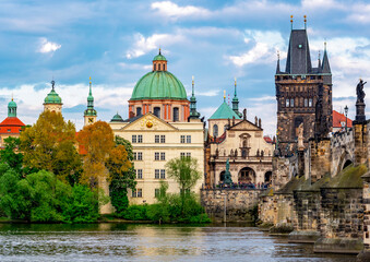 Prague medieval architecture and Charles bridge over Vltava river, Czech Republic