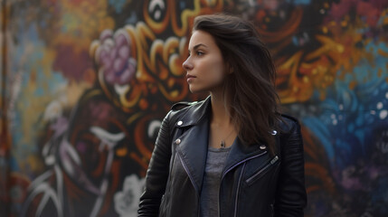 Naklejka premium A fashionable young woman posing in front of a street art mural - generative AI, AI generated