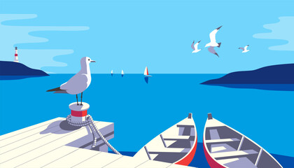 Seascape with rowing boats and seagull on pier vector illustration. Seaside holiday vacation travel poster background. Ocean bay scenic view with seabirds, yachts, sailing boats flat minimal design