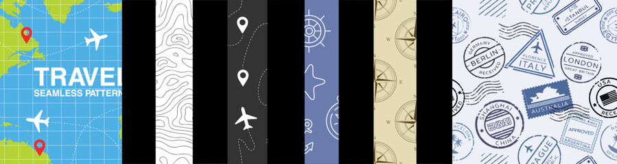 Travel Seamless Pattern Collection. Designs for textiles and apparel inspired by travels. Compass, map, postage, stamps and cartography. Graphics in journey style.
