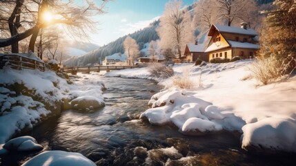 Swiss landscape with river stream and houses. Generative AI
