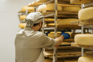 cheese maker in uniform at cheese production man in warehouse with wooden shelves full of cheese heads takes cheese