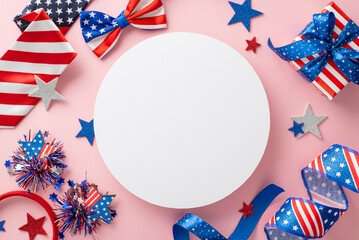 Obraz premium Ignite the festive spirit of Independence Day with enchanting top view arrangement: serpentine, stars, confetti, headband, bow-tie, necktie, giftbox on pastel pink, featuring circle for text or promo