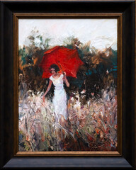 Girl holding a sun umbrella in a field among flowers and herbs. oil painting on the host.