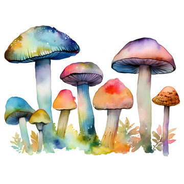 Watercolor mushrooms illustration set transparent background generative ai