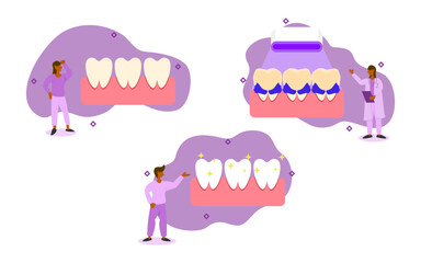 dental care illustration set. dentist is whitening teeth using UV light to clean teeth and whiten. teeth whitening and cleaning concept. vector illustration.