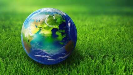 Fototapeta na wymiar earth on grass, water conservation, energy saving, earth day, environmental protection
