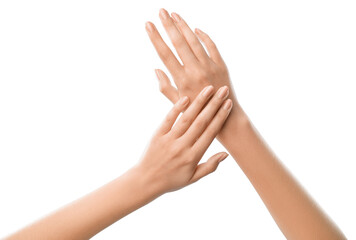 Woman' hands, accentuating natural beauty. Makeup or skincare ads, jewelry or fashion promotion concept.