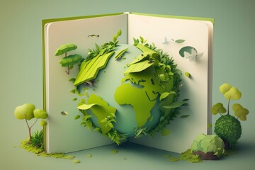 Open book with green world made in paper style, Green world in cute style, environment preservation concept, Generative AI - obrazy, fototapety, plakaty