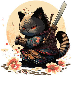 Samurai Katze im Kawaii Anime Stil mit Ninjaschwert und japanischen Bl&uuml;ten und japanischen Elementen im Hintergrund