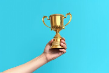 Hand holding golden trophy on blue background, Generative AI