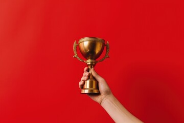 Hand holding golden trophy on red background, Generative AI