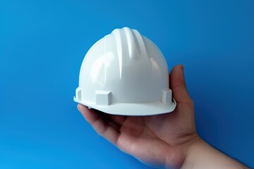 Hand holding white safety helmet, engineer helmet, blue background, Generative AI
