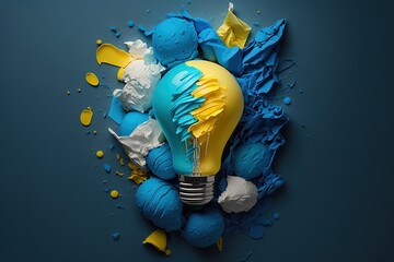 Blue and yellow light bulb with abstract shape on blue background, idea and creativity concept, Generative AI