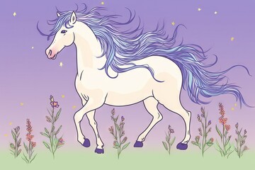Obraz na płótnie Canvas a white horse with a blue mane is standing in a field of flowers and grass with a purple sky behind it and stars in the sky. generative ai