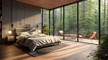 General view of luxury bedroom interior with bed and window