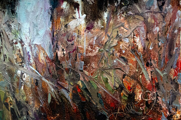 Girl holding a sun umbrella in a field among flowers and herbs. oil painting on the host.