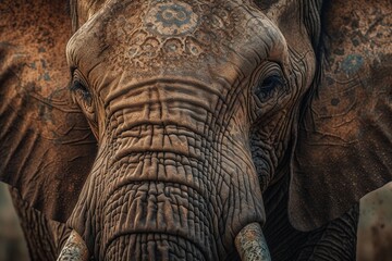 Fototapeta premium Close-Up of Magnificent African Elephant: Patterns of Mud and Dust, Beauty and Resilience generative AI