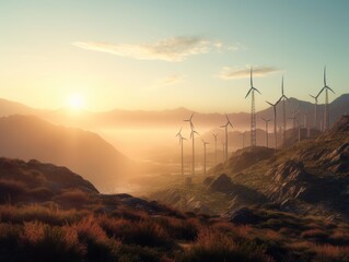 Wind turbines on beautiful sunny summer autumn mountain landsape. Generative AI