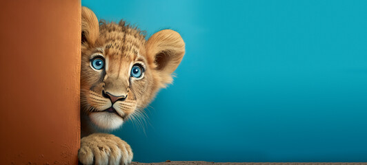 Surprised lion cub peeking from corner on blue background. Generative AI