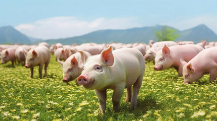 A herd of pigs on a green meadow in the mountains.Free range pig farming.The concept of ecological and organic food. Natural healthy food and organic farming concept.