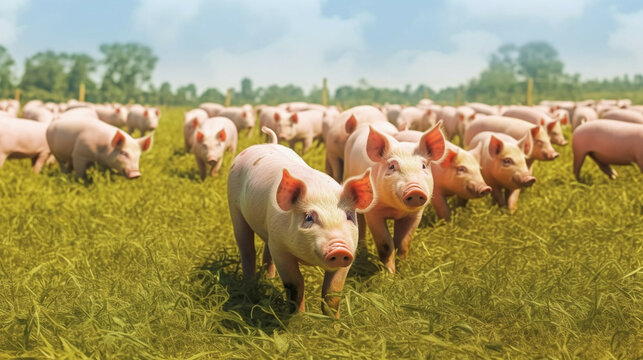 Flock of pigs in a green meadow on a sunny day.Free range pig farming.The concept of ecological and organic food. Natural healthy food and organic farming concept.
