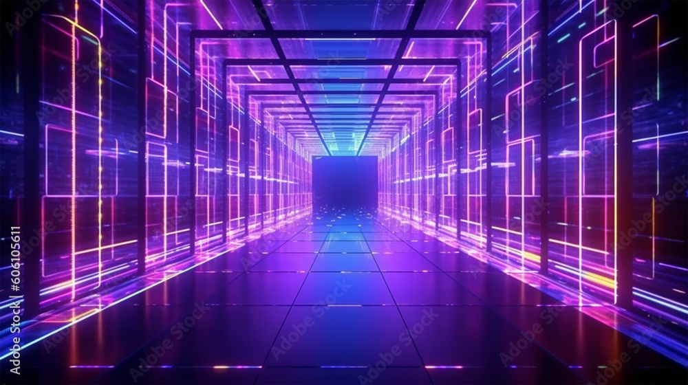 Aufkleber abstract neon lights into digital technology tunnel. futuristic technology abstract background with 
