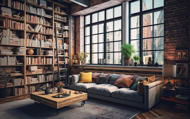 Stylish loft living room with cozy atmosphere and books on shelves, generative AI