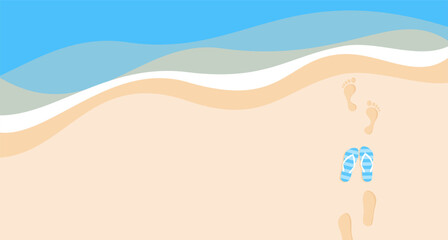 Footprints and flip flops on the sand near the sea waves with copy space, top view. Flat vector illustration