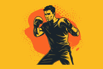 Doodle inspired Boxer fighter practicing jabs, cartoon sticker, sketch, vector, Illustration - obrazy, fototapety, plakaty