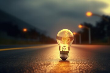 Light bulb on the road, journey and creativity concept, digital illustration. Generative AI