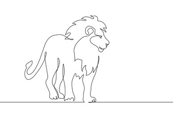 Continuous one line drawing a lion. Lion with mane standing. Pro vector. - obrazy, fototapety, plakaty