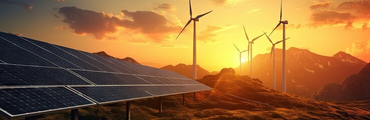 Obraz premium solar panels and windmills in the mountains at sunset Generative AI