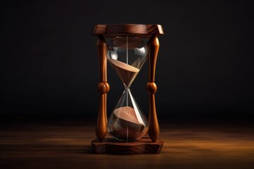 Hourglass in wood trim, dark background, time management concept, digital illustration. Generative AI