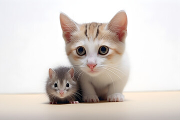 Kitten and mouse portrait white isolated studio shot