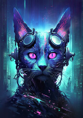 Futuristic cat with neon cybernetics. Biotech cat with augmented reality. A glowing-eyed cybernetic cat in a dystopian environment. AI generated.
