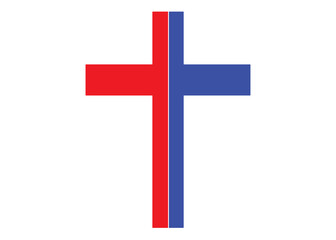 Obraz premium Red and Blue Cross with a dividing line symbolizing division within Christianity and the church