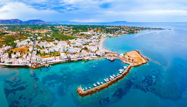 Hersonissos town aerial panoramic view in Crete, Greece