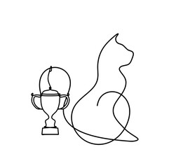 Silhouette of abstract cat with trophy in line drawing on white