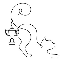Silhouette of abstract cat with trophy in line drawing on white