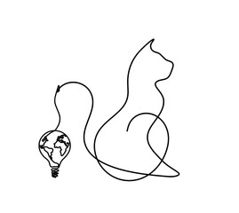 Silhouette of abstract cat with light bulb in line drawing on white