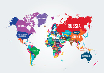 Colorful vector World Map, Colorful Hi detailed Vector world map complete with all countries names, Political world map on white background, with every state labeled and selectable. Colored by contine