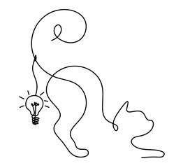 Silhouette of abstract cat with light bulb in line drawing on white