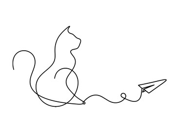 Silhouette of abstract cat with paper plane in line drawing on white
