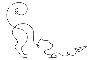 Silhouette of abstract cat with paper plane in line drawing on white