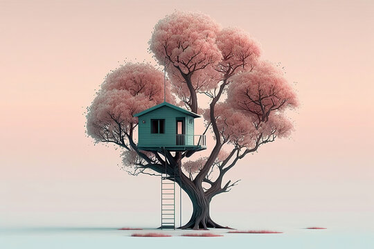 Ai generated illustration pastel color house on tree for kids. Children playground