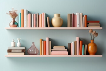 Fototapeta na wymiar Colorful Shelf with Books Against Soft Pastel Wall, generative AI