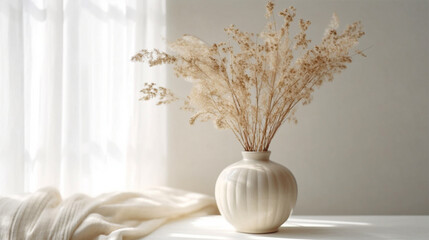 Glamor shot of a cream white vase containing dried flowers, on a white table in front of a white background with soft white curtains nearby. Generative Ai.