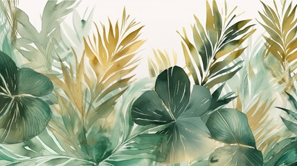 Tropical foliage watercolor background vector. Summer botanical design with gold line art, palm leaves, green watercolor texture. Luxury tropical illustration for banner - obrazy, fototapety, plakaty